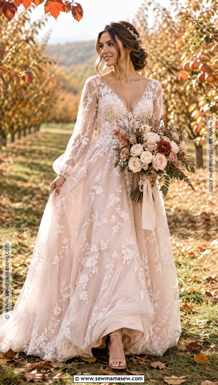 Blush Floral Boho Wedding Dress - 15 autumn boho wedding dress ideas