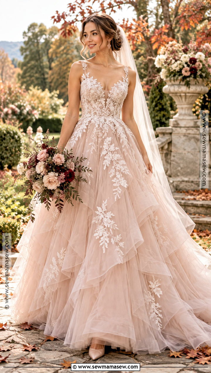 Blush Layered Tulle Fall Wedding Ballgown - 15 fall wedding dress ballgown ideas