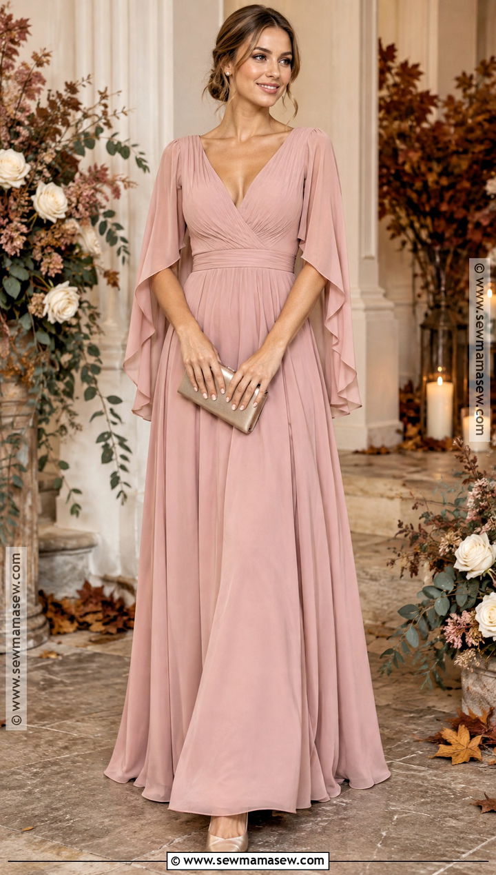 Blush Pink Cape Sleeve Fall Bridesmaid Dress - 15 pink fall bridesmaid dresses
