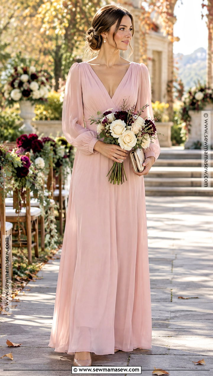 Blush Pink Long Sleeve Bridesmaid Dress - 15 Fall Pink Wedding Bridesmaid Dresses
