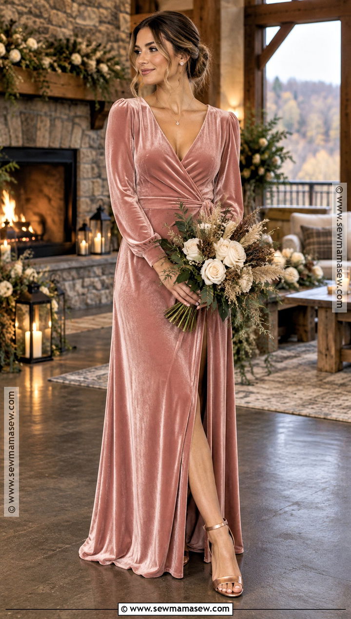 Blush Pink Velvet Wrap Fall Bridesmaid Dress - 15 pink fall bridesmaid dresses
