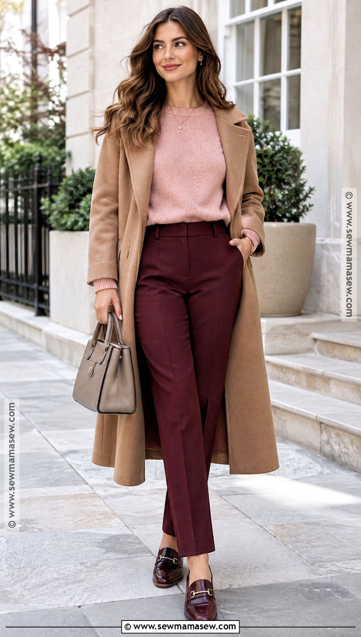 Blush Sweater And Burgundy Trousers Autumn Outfit - 25 autumn color outfits