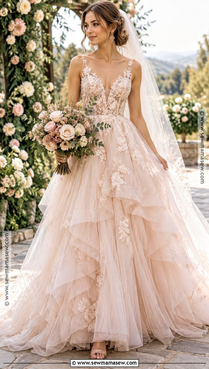 Blush Tulle Fall Wedding Dress - 20 fall color wedding dress ideas