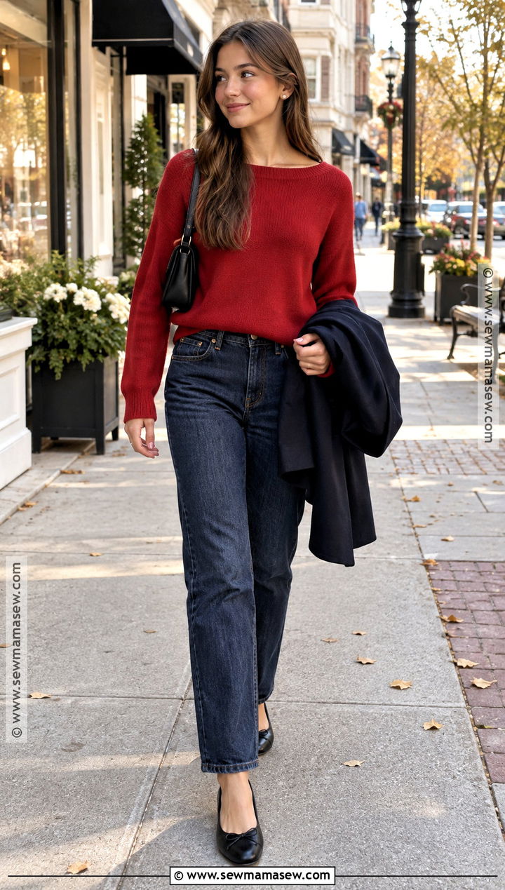 Boatneck Sweater With Dark Wash Jeans - 15 cute fall clothes for teens