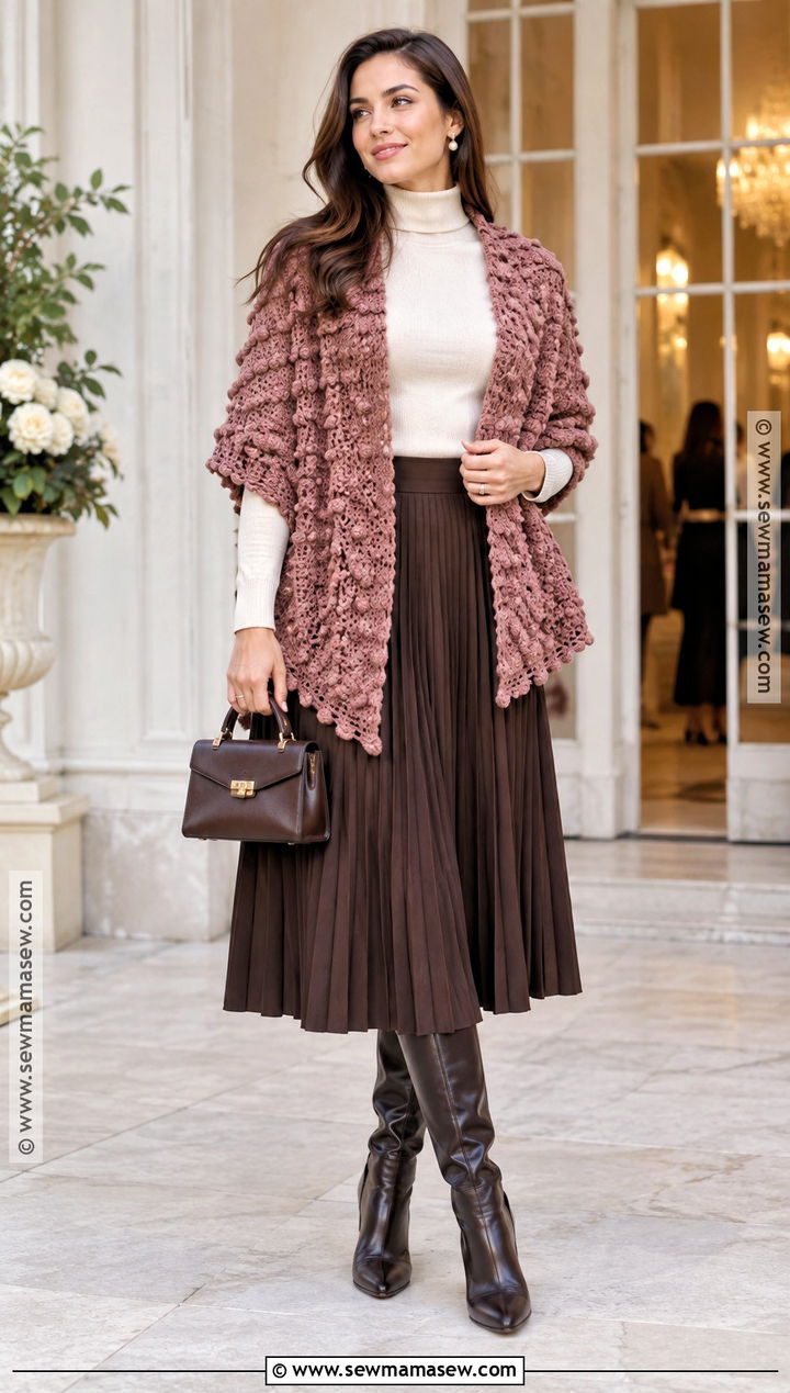 Bobble Stitch Crochet Shawl With Pleated Skirt - 15 Fall Crochet Shawl Ideas