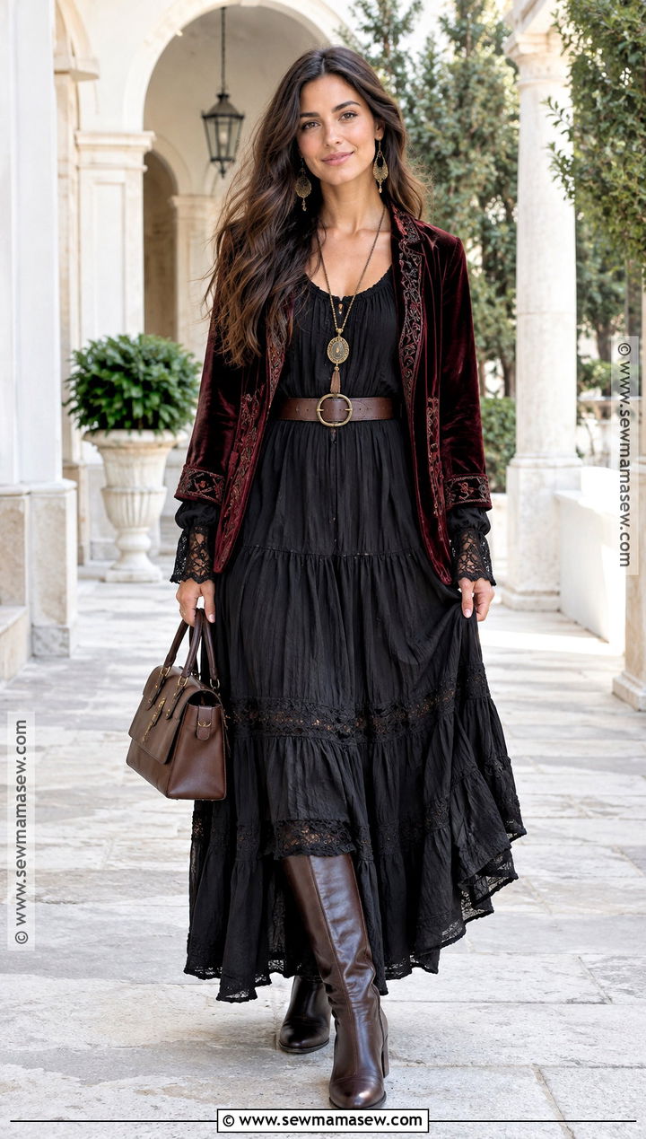 Bohemian Fall Black Maxi Dress And Boots Outfit - 25 bohemian fall outfits