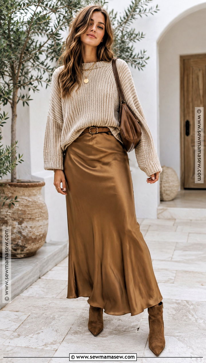 Bohemian Fall Chunky Sweater And Satin Maxi Skirt Outfit - 25 bohemian fall outfits