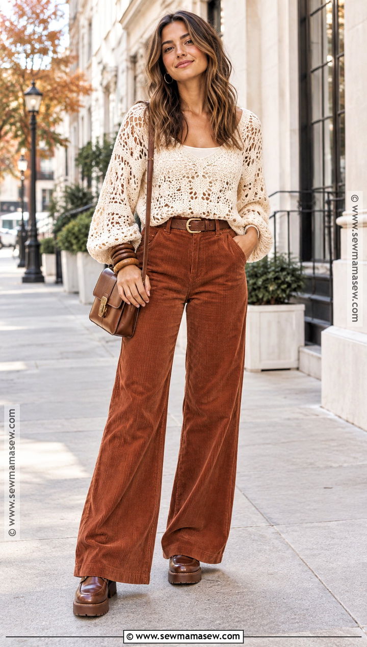 Bohemian Fall Crochet Sweater And Corduroy Pants Outfit - 25 bohemian fall outfits
