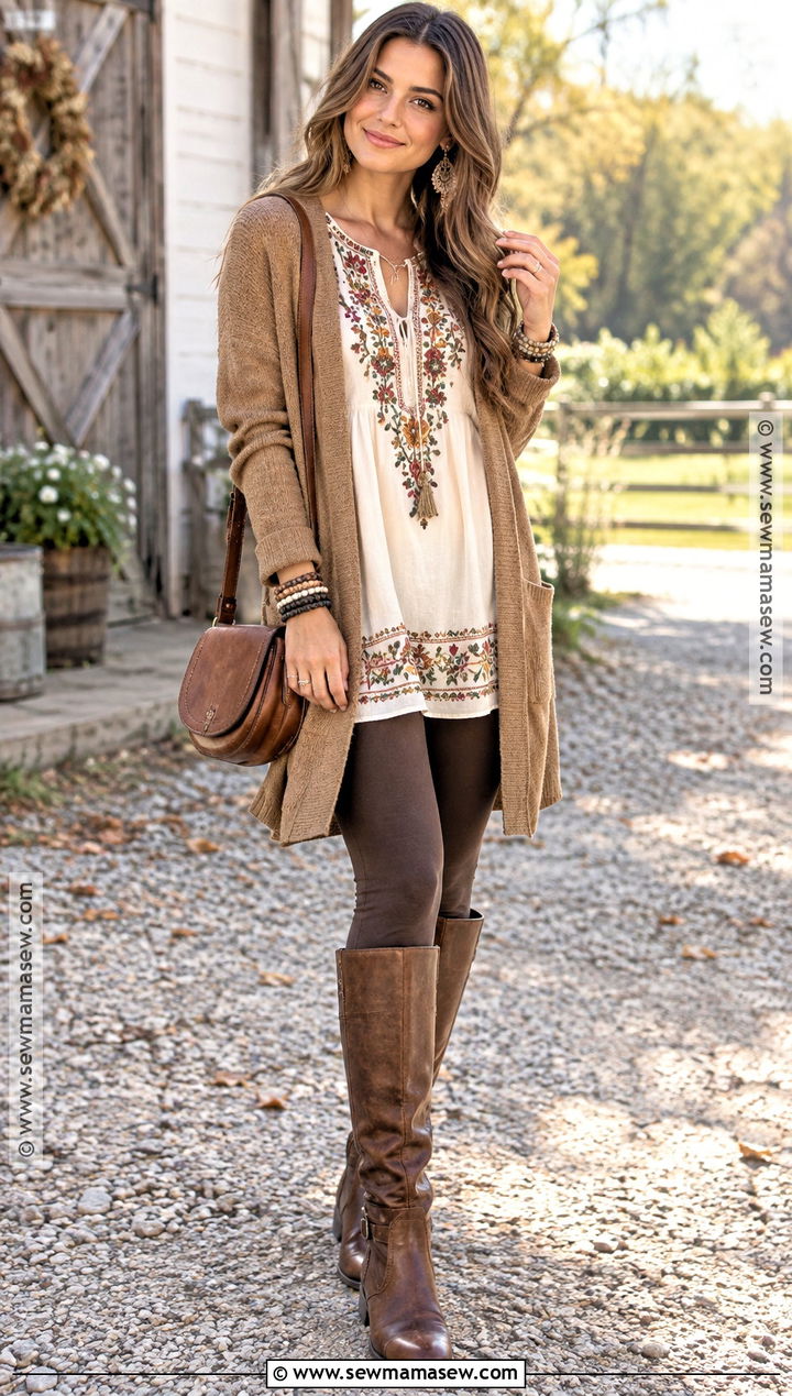 Bohemian Fall Embroidered Tunic And Leggings Outfit - 25 bohemian fall outfits