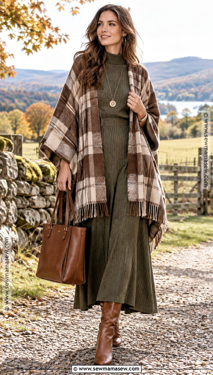 Bohemian Fall Plaid Cape And Maxi Dress Outfit - 25 bohemian fall outfits