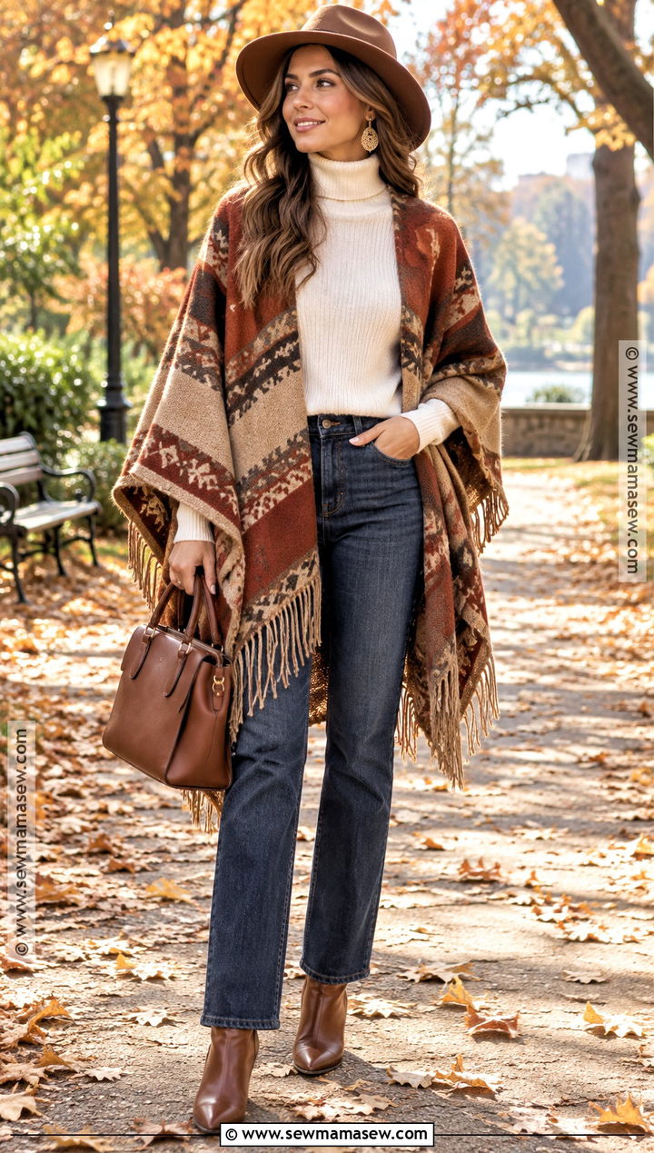 Bohemian Fall Poncho And Straight Jeans Outfit - 25 bohemian fall outfits