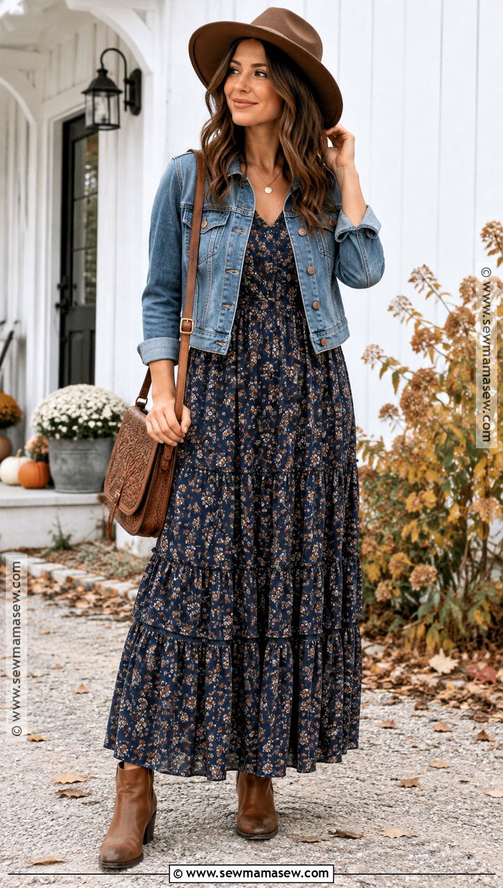 Bohemian Fall Prairie Dress And Denim Jacket Outfit - 25 bohemian fall outfits