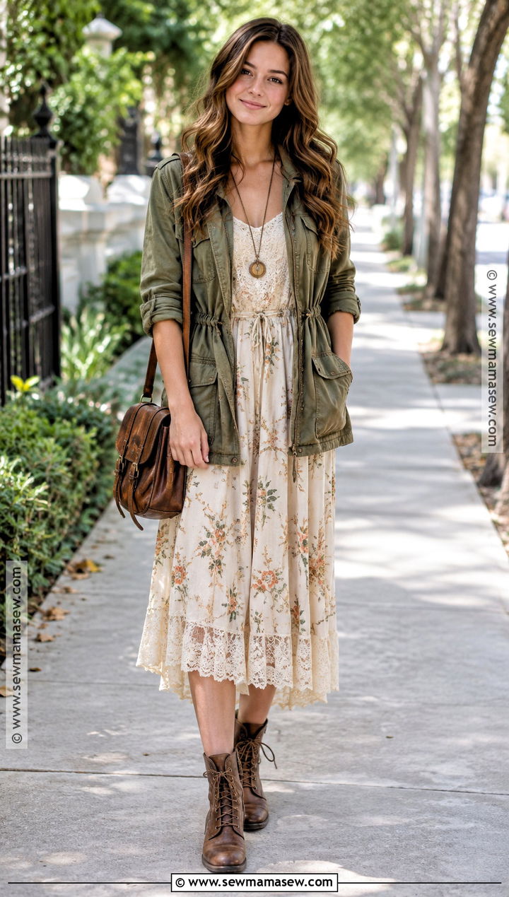 Bohemian Fall Utility Jacket And Lace Dress Outfit - 25 bohemian fall outfits