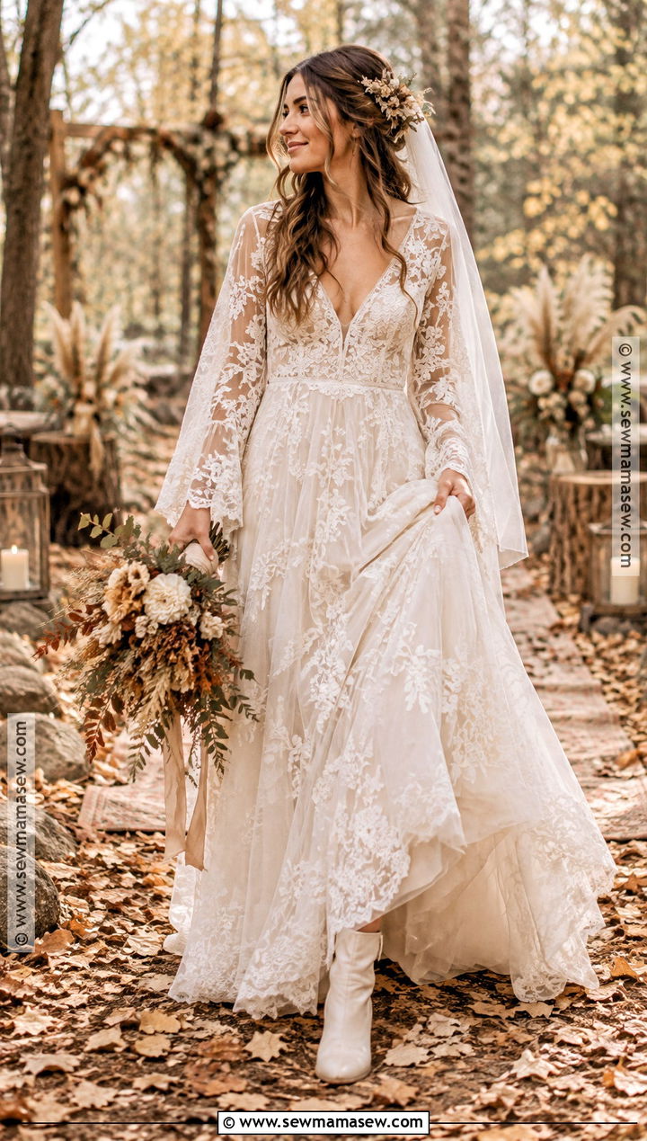 Boho A Line Wedding Dress With Bell Sleeves - 15 Fall A Line Wedding Dress Ideas