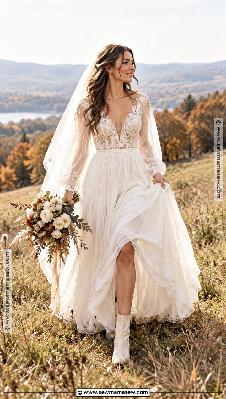 Boho A Line Wedding Dress With Bishop Sleeves - 15 A Line Wedding Dress Fall Ideas