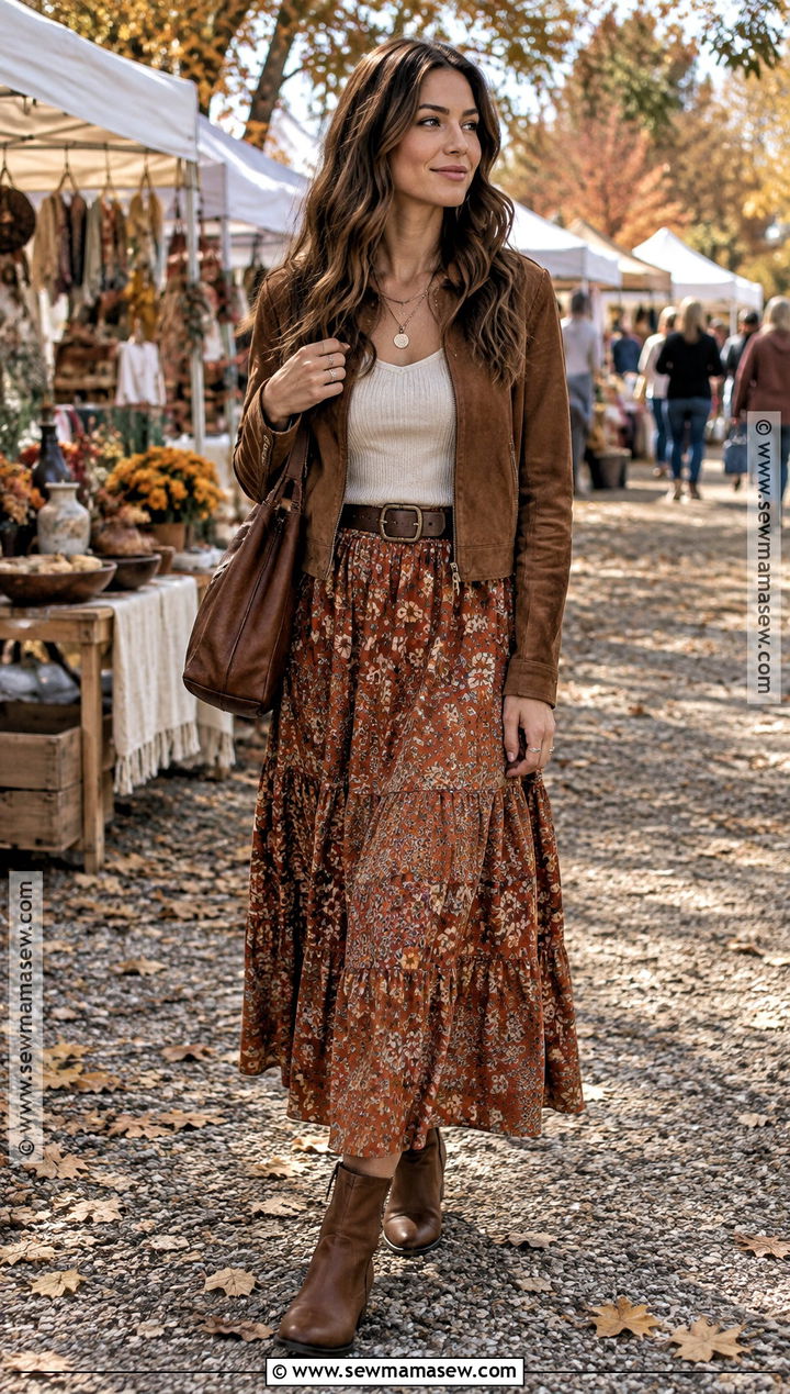 Boho Autumn Maxi Skirt And Suede Jacket Outfit - 30 autumn aesthetic outfit ideas