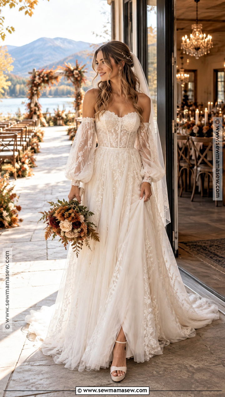 Boho Autumn Wedding Dress With Detachable Sleeves - 15 boho autumn wedding dress ideas