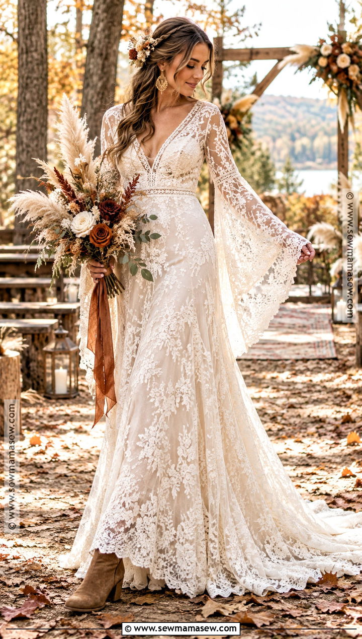 Boho Bell Sleeve Autumn Wedding Dress - 25 autumn wedding dress ideas