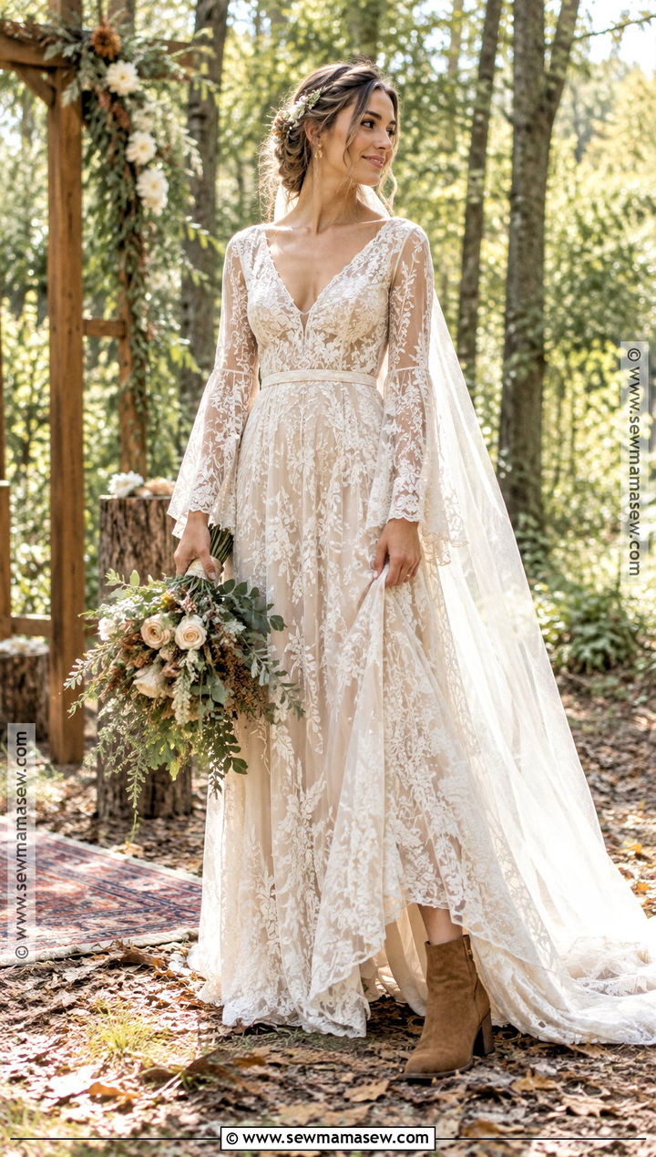 Boho Bell Sleeve Early Fall Wedding Dress - 15 early fall wedding dress ideas