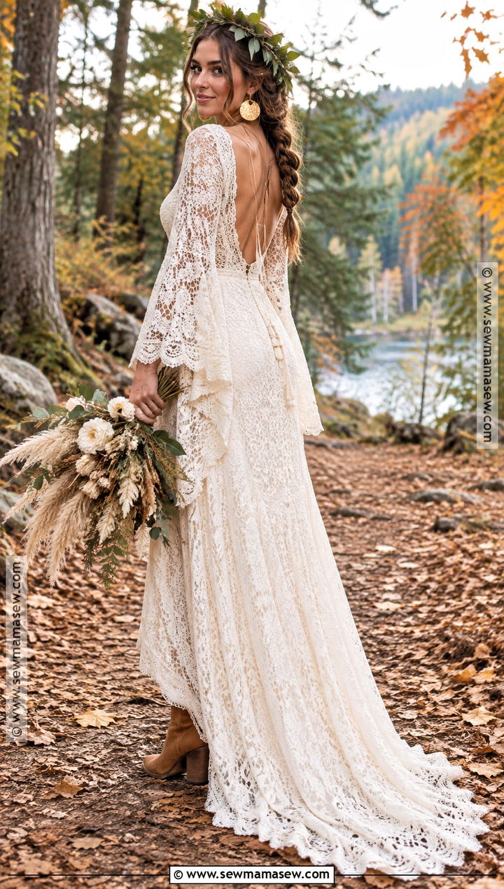 Boho Bell Sleeve Fall Forest Wedding Dress - 15 fall forest wedding dress ideas