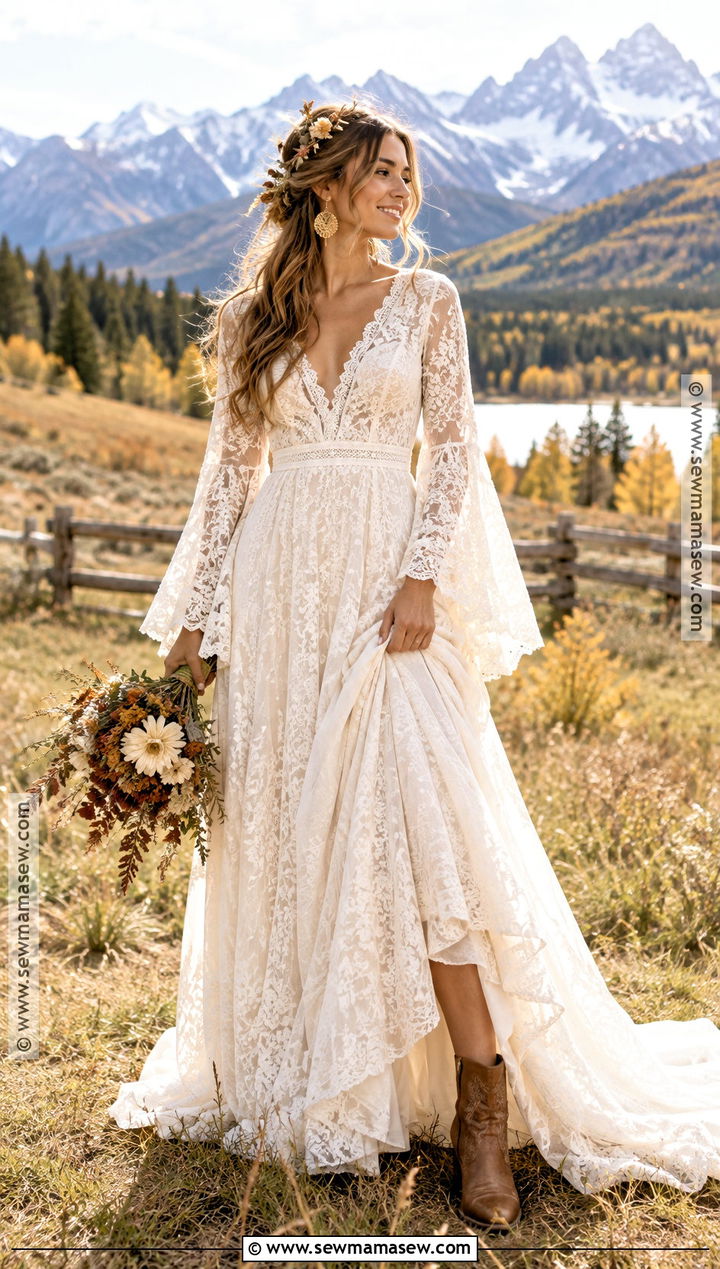 Boho Bell Sleeve Fall Wedding Dress - 15 fall wedding dress ideas brides