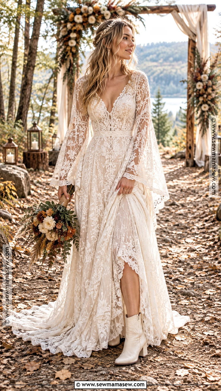 Boho Bell Sleeve Fall Wedding Dress - 15 Wedding Dress For Fall Outdoor Wedding Ideas