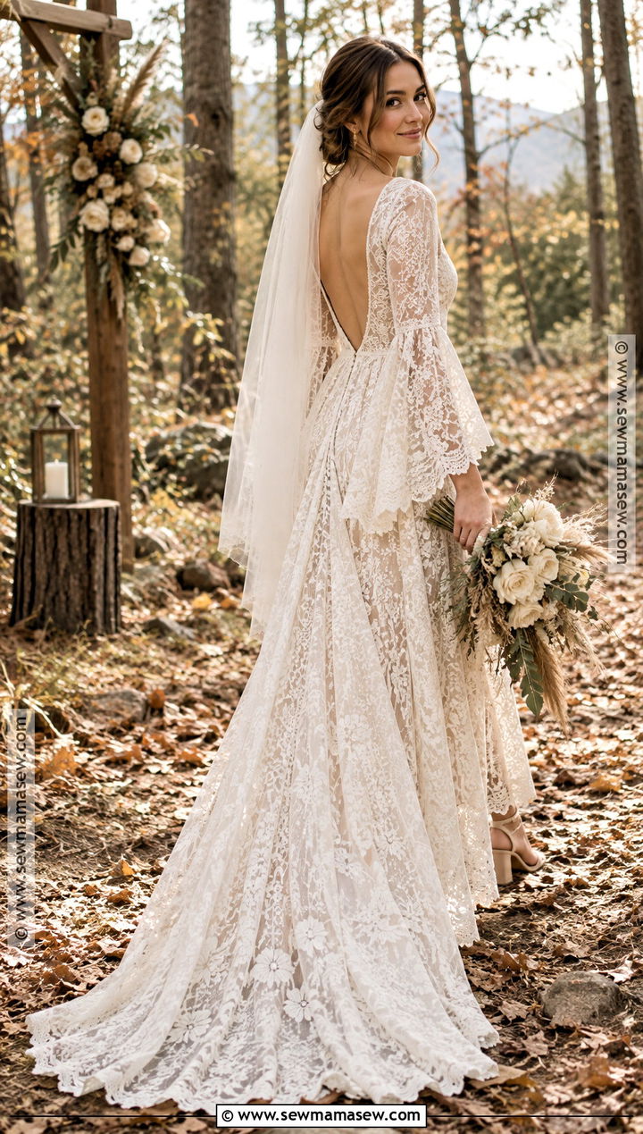 Boho Bell Sleeve Fall Wedding Dress - 20 romantic fall wedding dress ideas