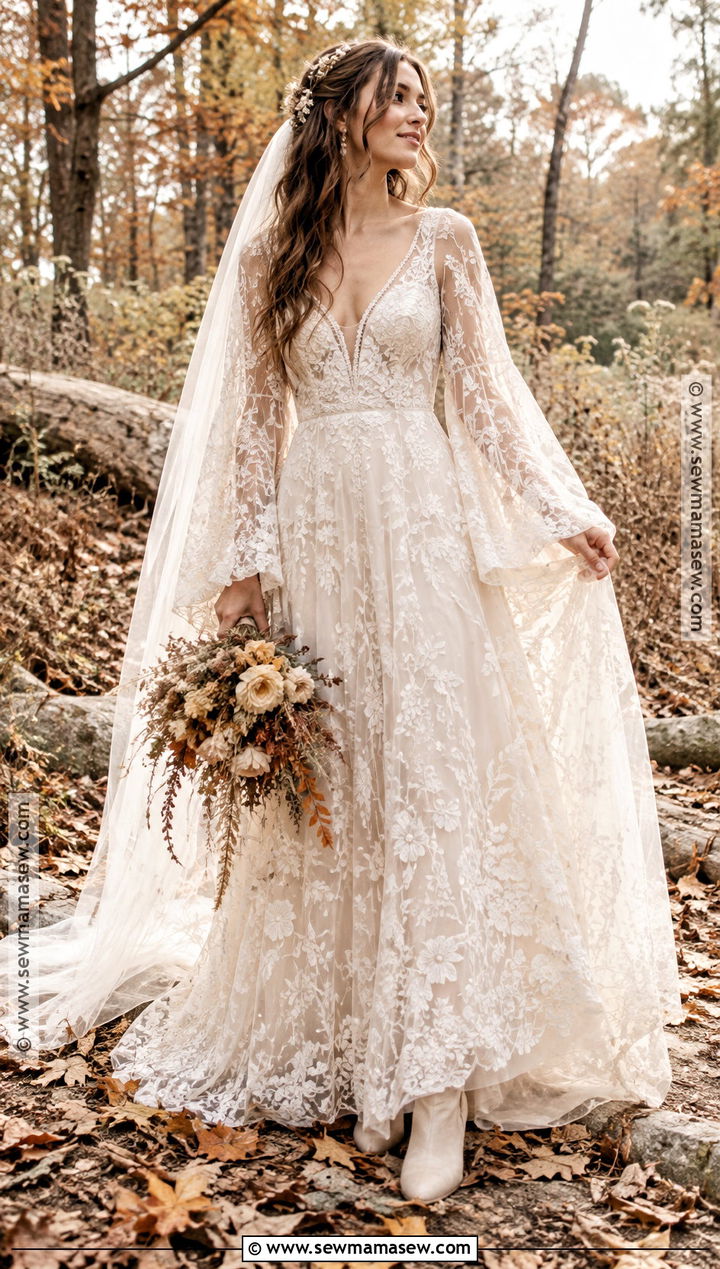 Boho Bell Sleeve Fall Wedding Dress - 25 fall wedding dress ideas