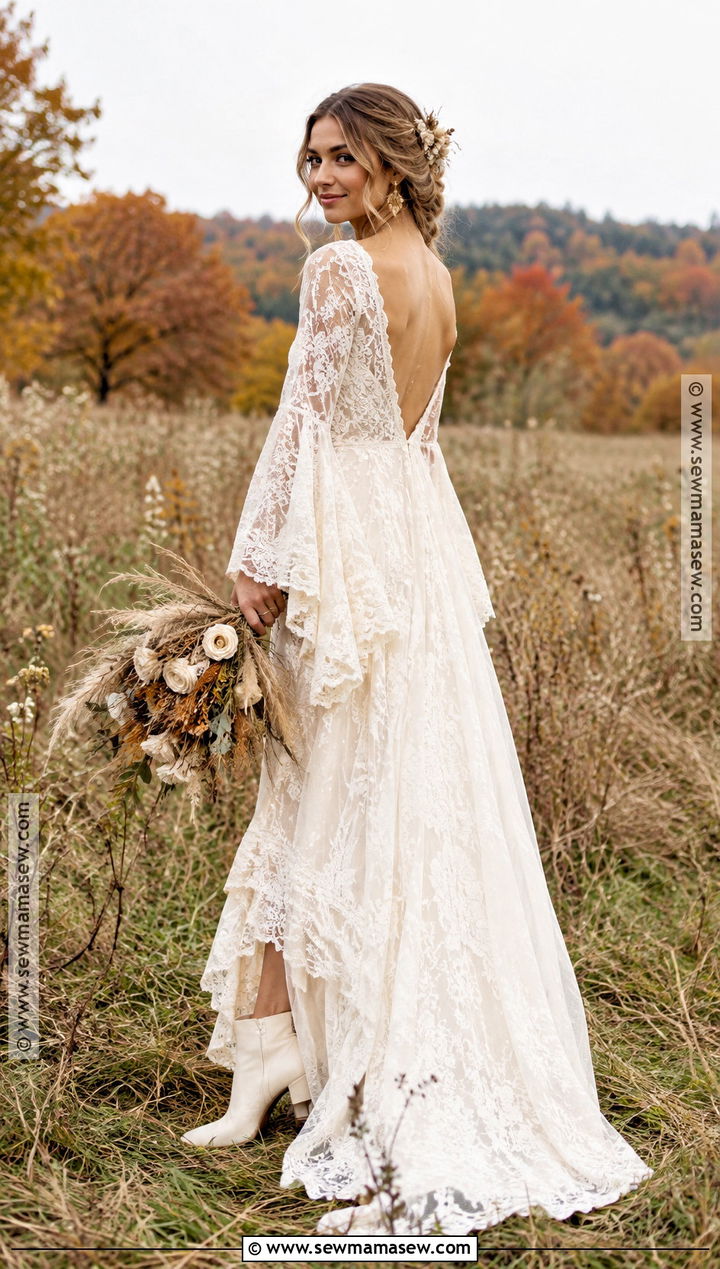 Boho Bell Sleeve Fall Wedding Dress - 15 Fall Theme Wedding Dress Ideas