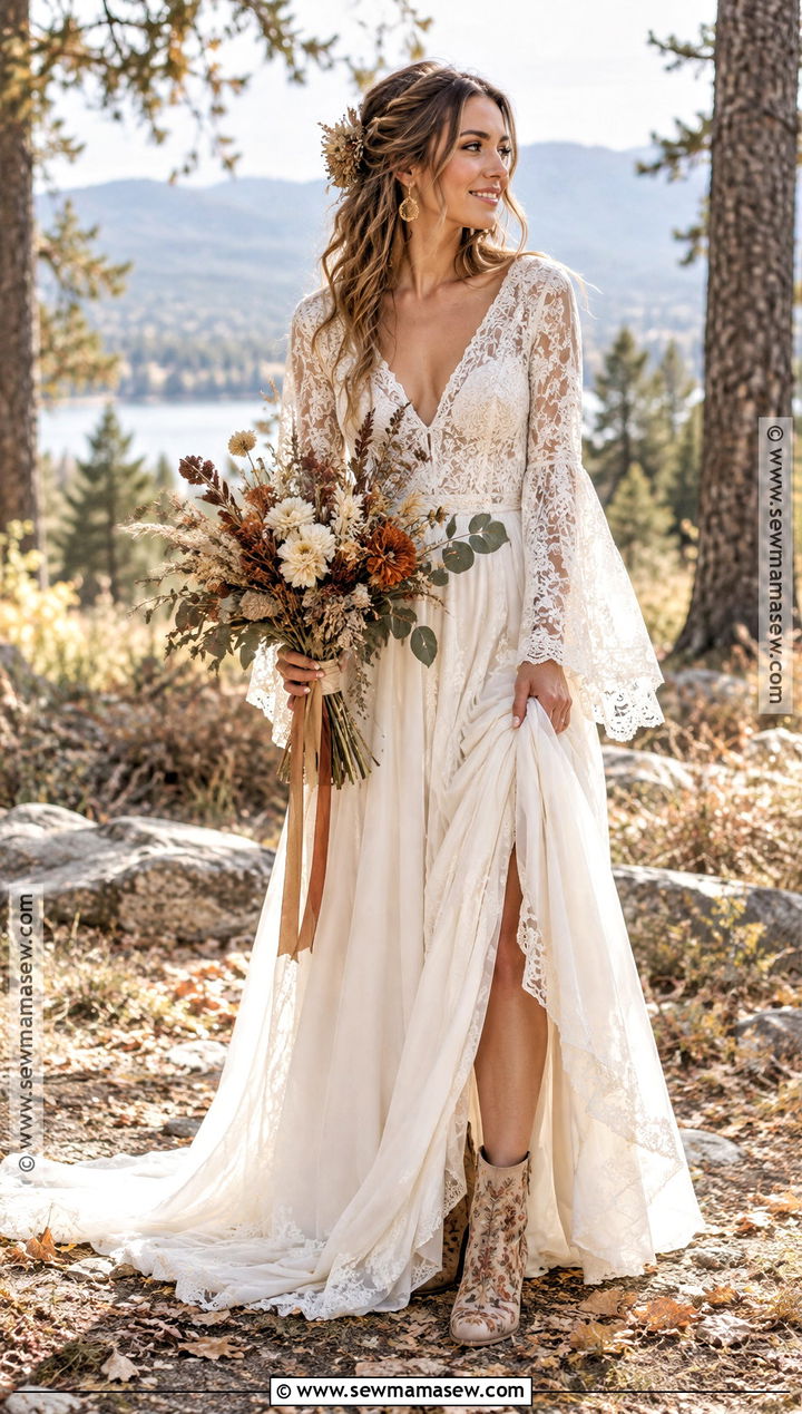 Boho Bell Sleeve Lace Wedding Dress - 15 rustic fall wedding dress lace long sleeve ideas