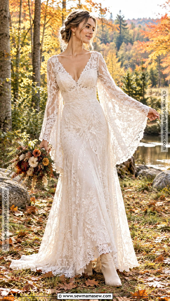 Boho Bell Sleeve Wedding Dress - 15 Fall Bride Wedding Dress Ideas