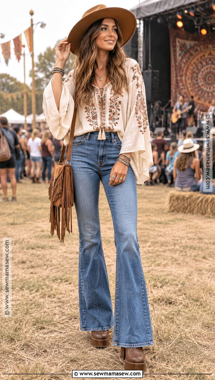 Boho Blouse And Flare Jeans Outfit - 20 festival fall outfit ideas
