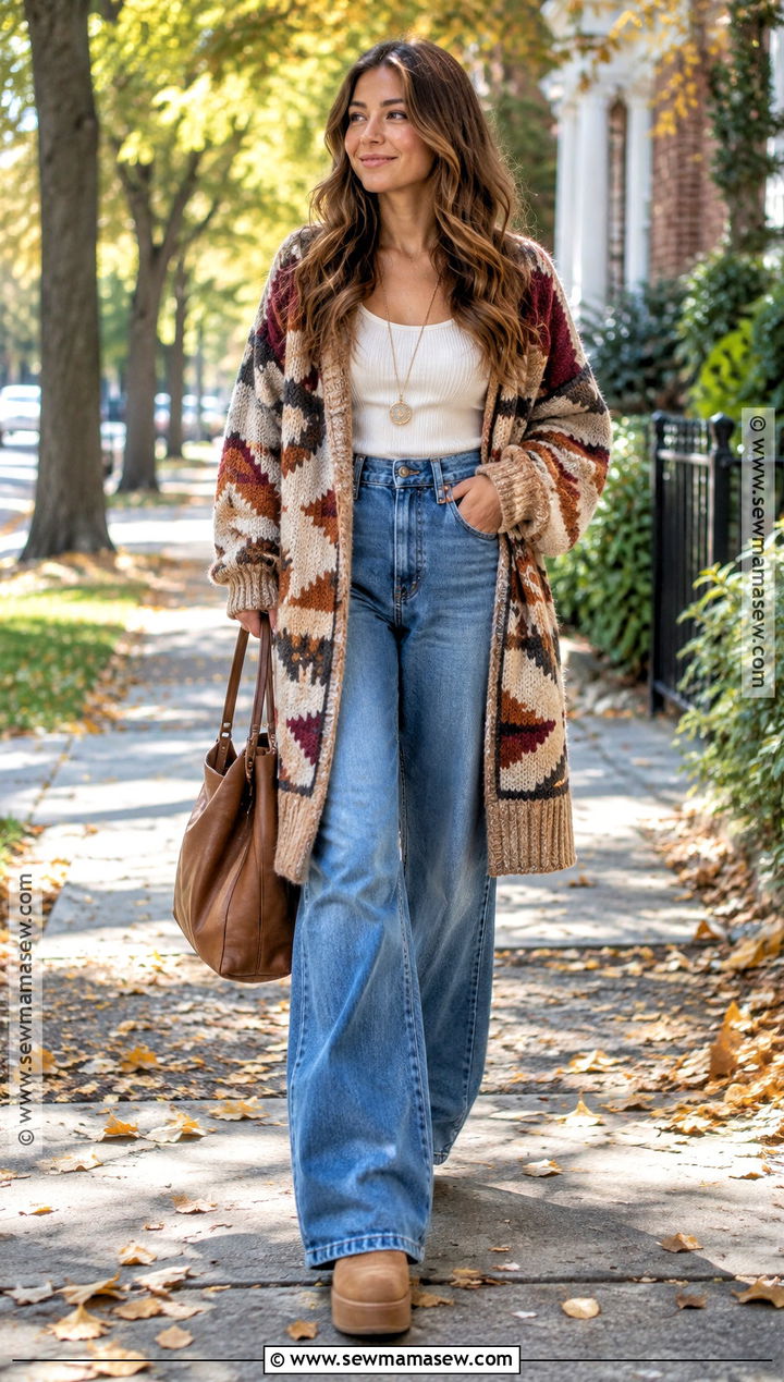 Boho Cardigan With Wide Leg Jeans - 15 Fall 2026 Boho Fashion Ideas