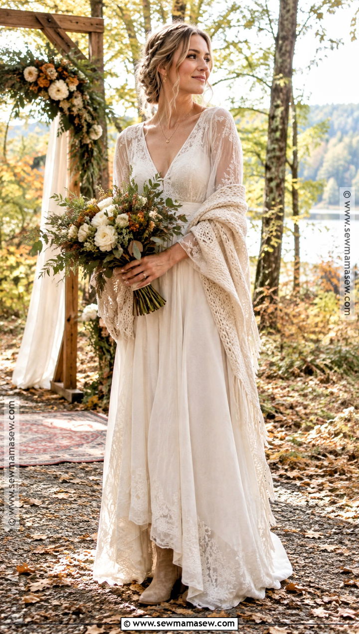 Boho Chiffon Wedding Dress With Boots - 15 Casual Wedding Dress Fall Ideas