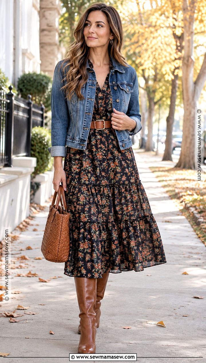 Boho Denim Jacket With Tiered Midi Dress - 15 Fall 2026 Boho Fashion Ideas