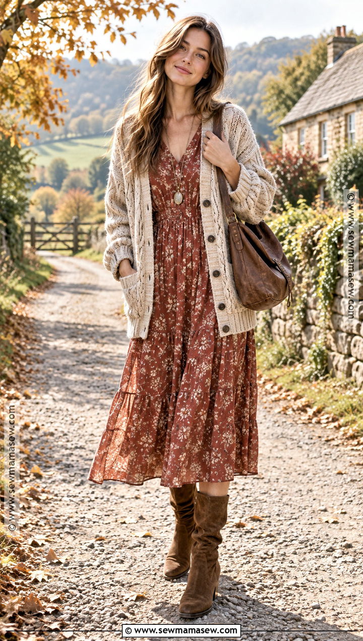 Boho Dress With Cable Knit Cardigan - 20 dress with cardigan fall ideas