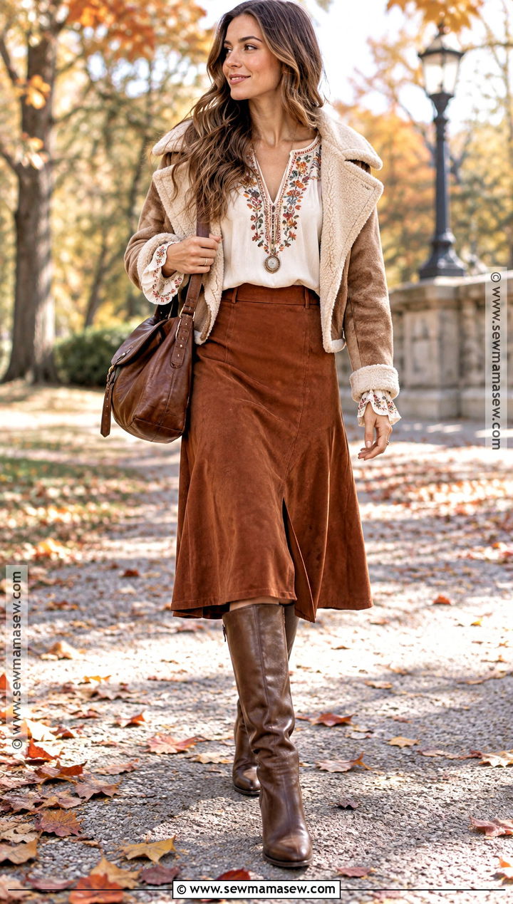 Boho Embroidered Shirt With Suede Midi Skirt - 15 Fall Embroidered Shirts