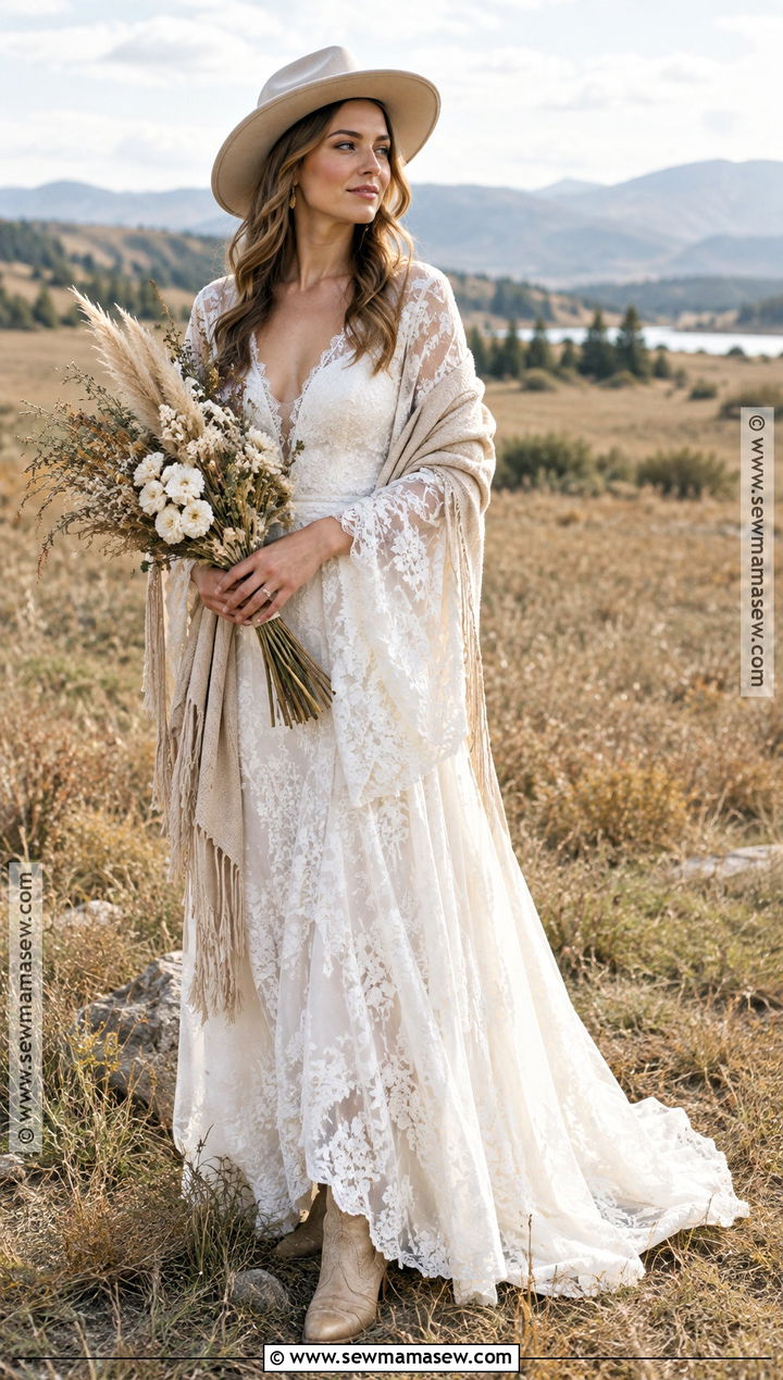 Boho Fall Bride Dress With Western Boots - 15 fall bride outfit ideas