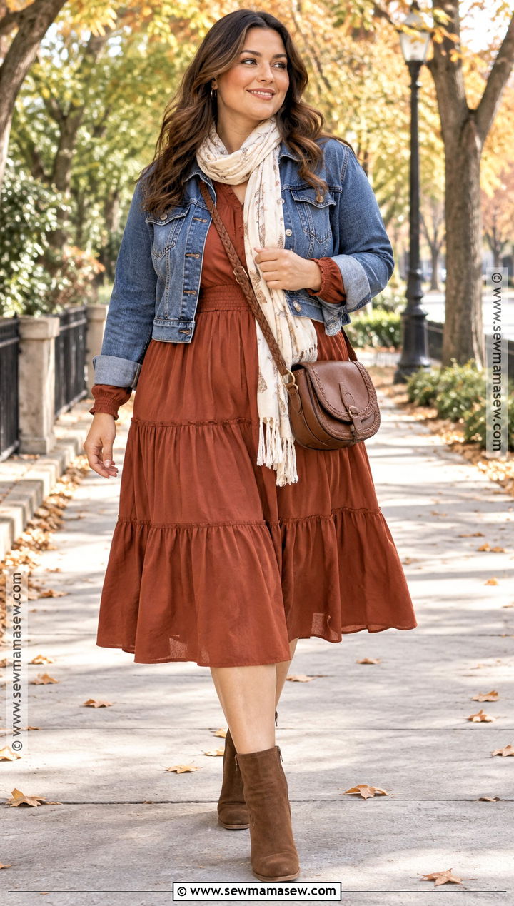 Boho Fall Denim Jacket And Tiered Midi Dress Outfit - 20 boho fall fashion ideas
