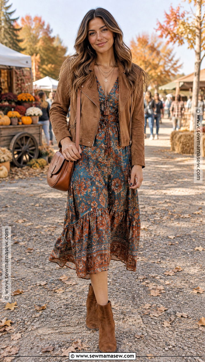 Boho Fall Dress With Suede Jacket - 20 fall dresses outfits