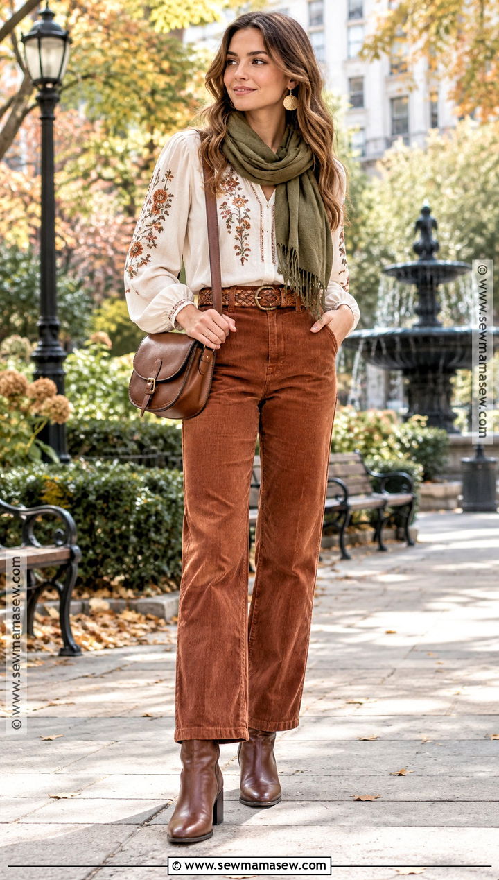 Boho Fall Embroidered Blouse And Corduroy Pants Outfit - 20 boho fall fashion ideas