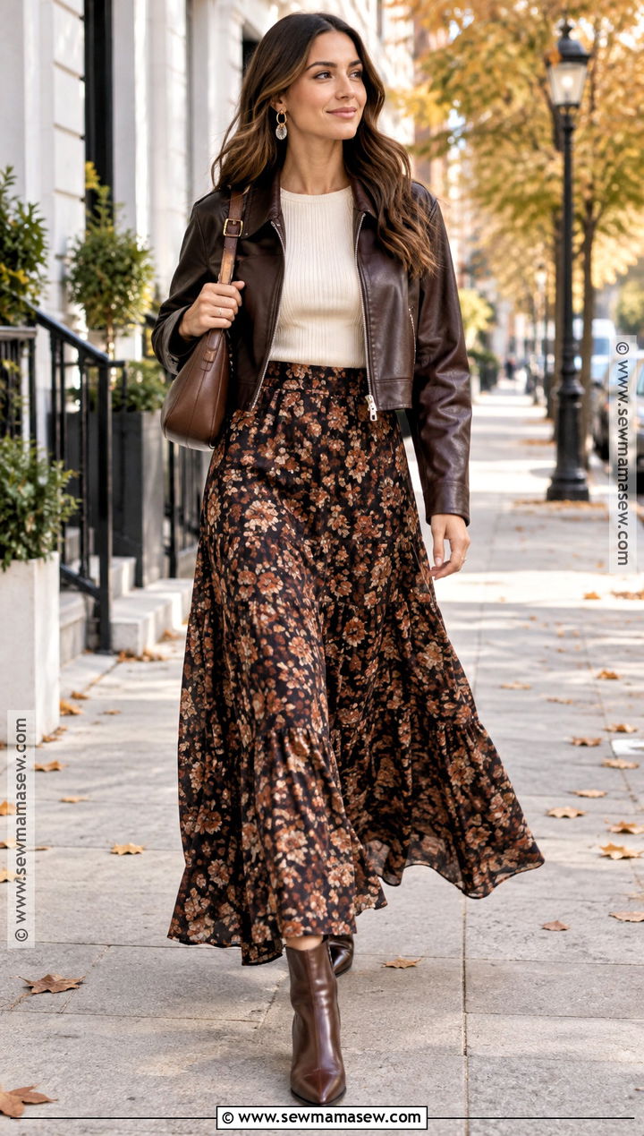 Boho Fall Leather Jacket And Floral Maxi Skirt Outfit - 20 boho fall fashion ideas