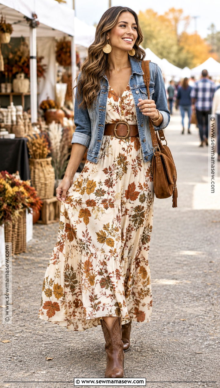 Boho Fall Leaves Maxi Dress With Western Boots - 20 fall leaves dress ideas