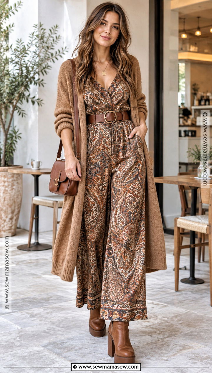 Boho Fall Long Cardigan And Printed Jumpsuit Outfit - 20 boho fall fashion ideas