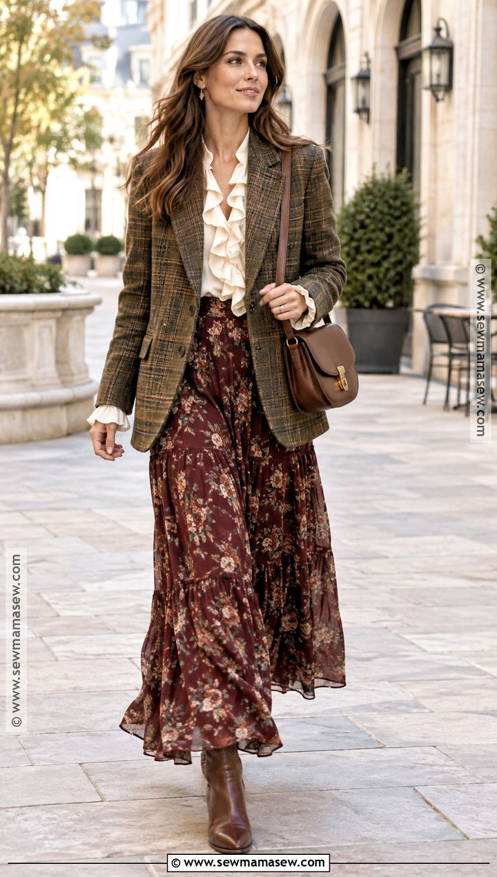 Boho Fall Plaid Blazer And Maxi Skirt Outfit - 20 boho fall fashion ideas
