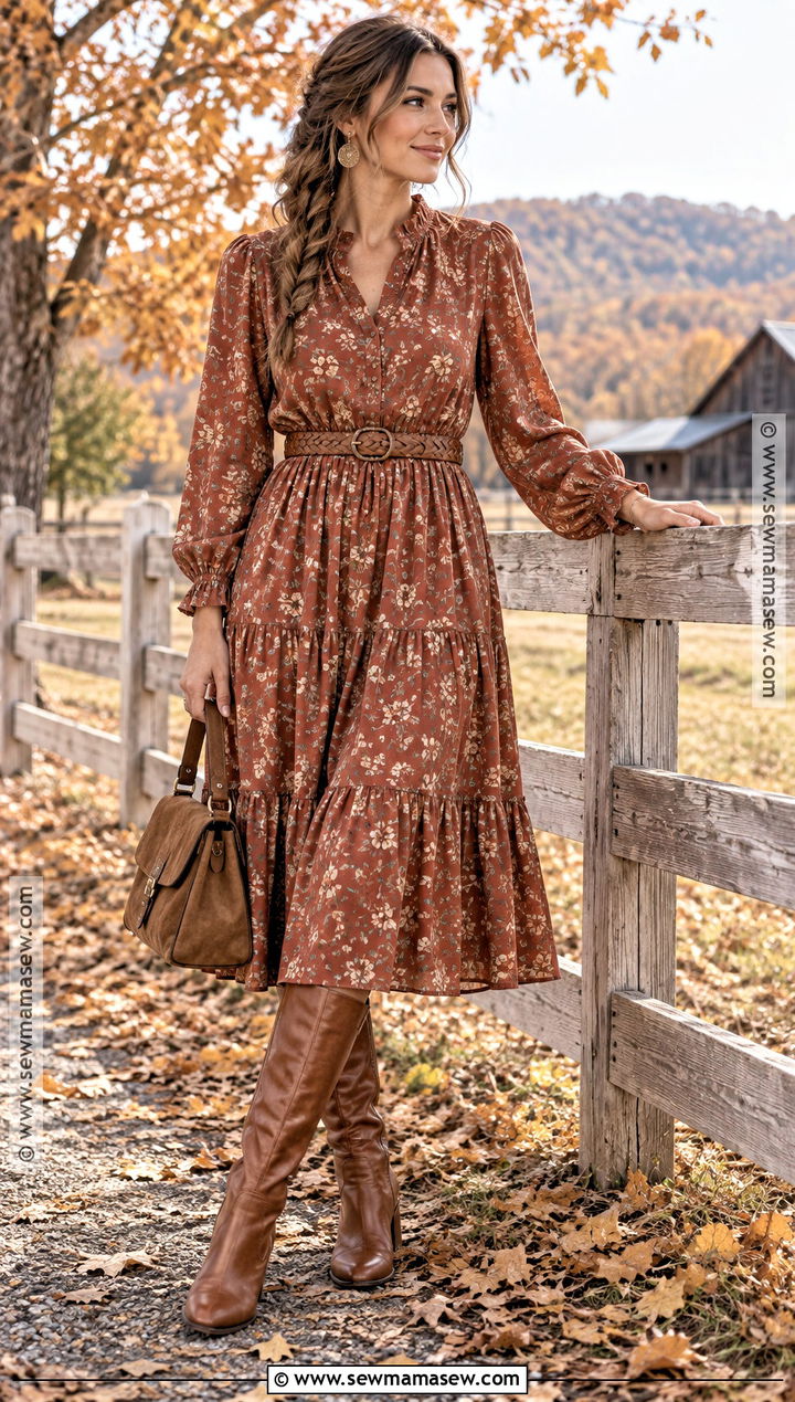 Boho Fall Prairie Dress And Knee High Boots Outfit - 20 boho fall fashion ideas
