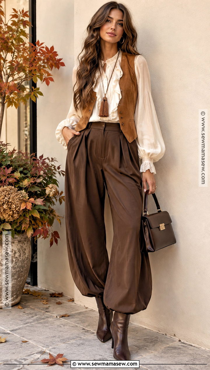 Boho Fall Ruffled Blouse And Balloon Pants Outfit - 20 boho fall fashion ideas