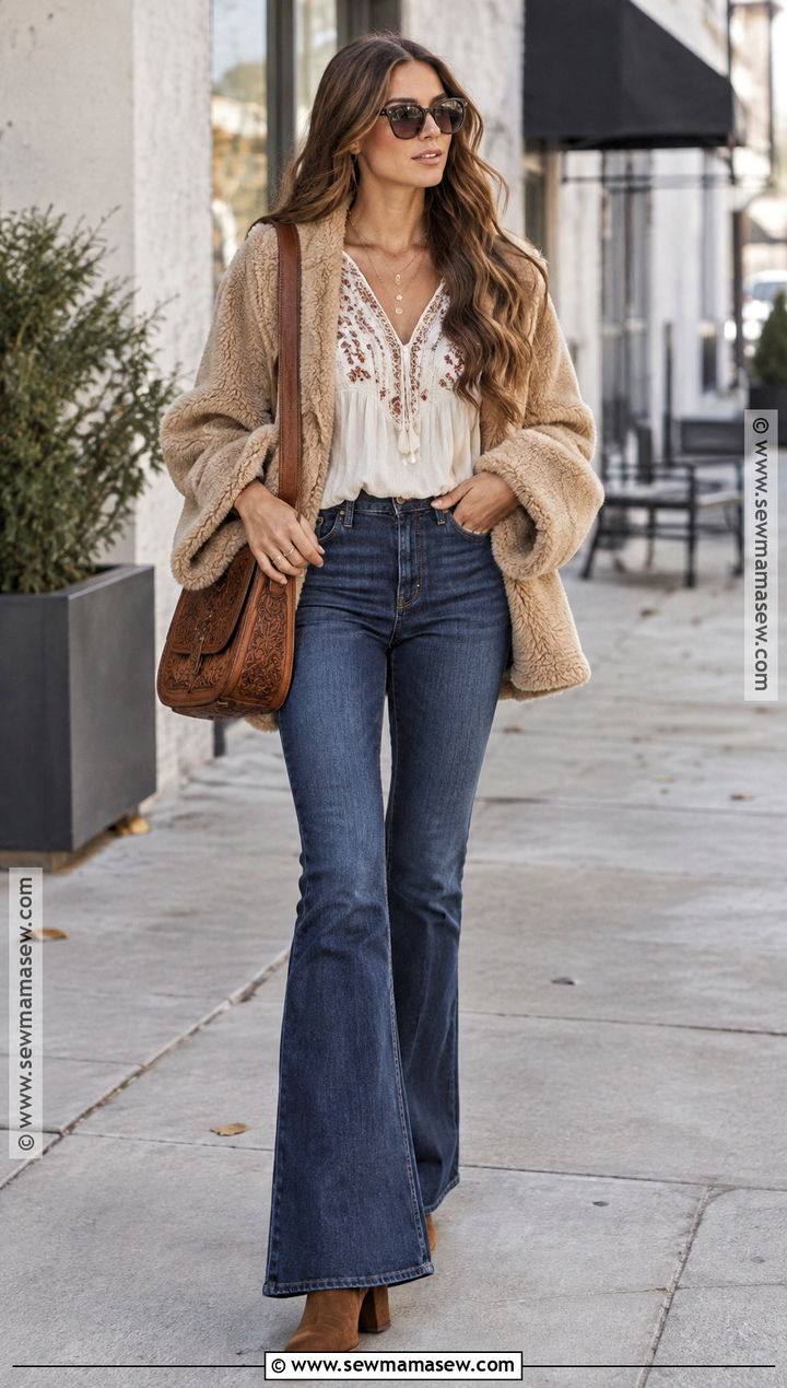 Boho Flare Jeans With Peasant Blouse And Shearling Coat - 15 fall winter boho outfits