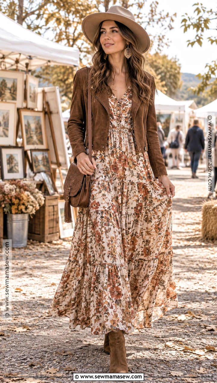 Boho Floral Dress With Suede Jacket And Boots - 15 Autumn Floral Dress Ideas