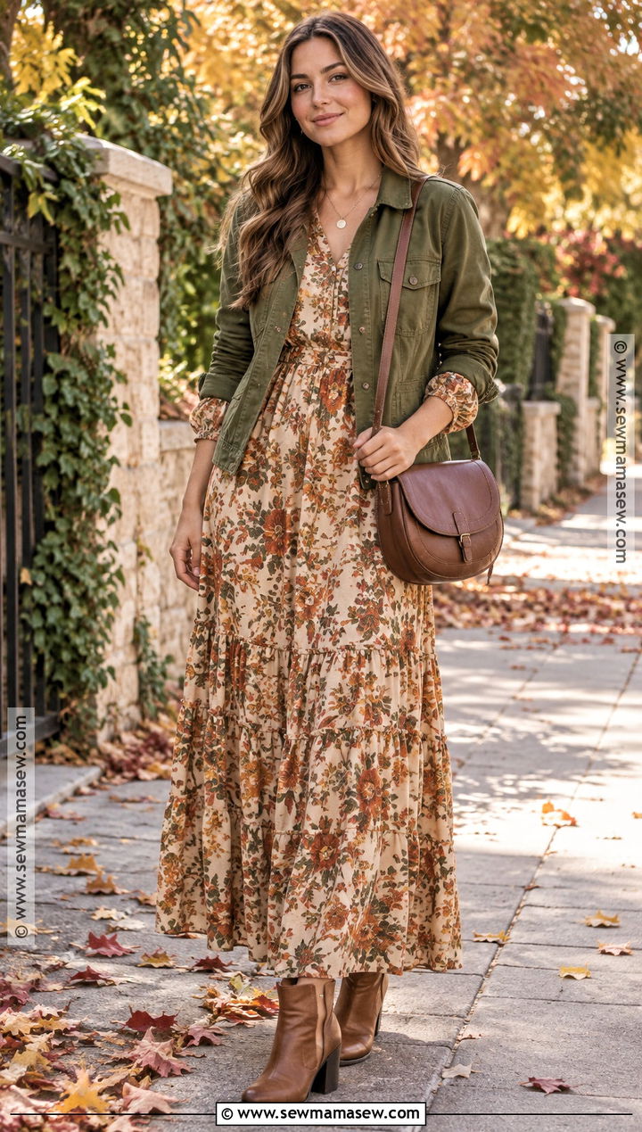 Boho Floral Maxi Dress With Cropped Jacket - 15 Fall Floral Dress Outfit Ideas